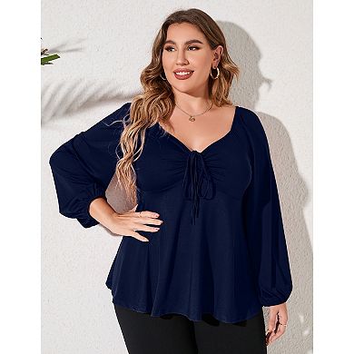 Blueming Plus Size Long Sleeve Square Neck Drawstring Casual Top