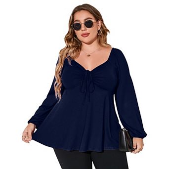 Blueming Plus Size Long Sleeve Square Neck Drawstring Casual Top