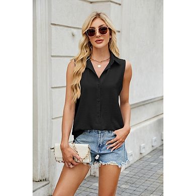 Blueming Sleeveless Collared Button Down Casual Top