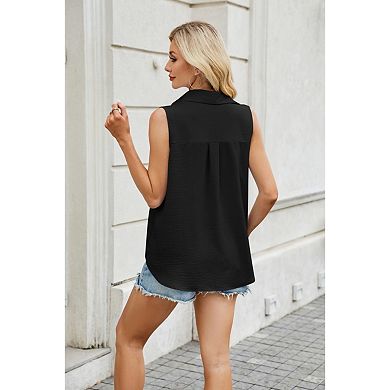 Blueming Sleeveless Collared Button Down Casual Top