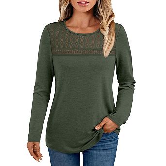 Blueming Long Sleeve Crew Neck Lace Splicing Casual Top