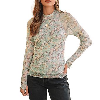 Womens Mesh Long Sleeve Tops Mock Neck Going Out See Through Print Shirts Sheer Blouses Clubwear