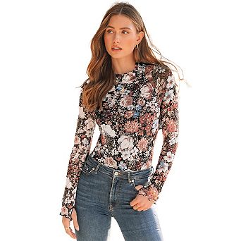 Womens Mesh Long Sleeve Tops Mock Neck Going Out See Through Print Shirts Sheer Blouses Clubwear