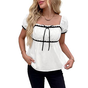 Women's Square Neck Short Sleeve Peplum Tops Summer Lace Trim Tie Front Blouse Babydoll t Shirt