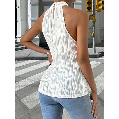 Women's Casual Halter Neck Wave Pattern Solid Color Cross Cutout Sleeveless Camisole Top