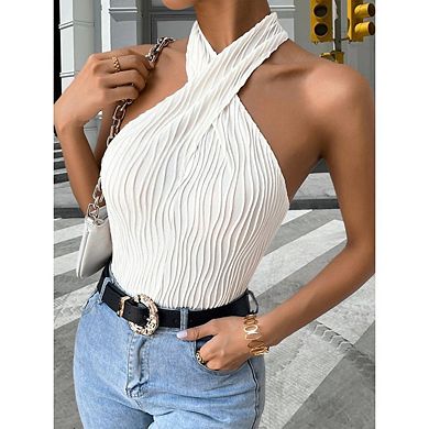 Women's Casual Halter Neck Wave Pattern Solid Color Cross Cutout Sleeveless Camisole Top