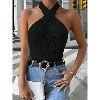 Women's Casual Halter Neck Wave Pattern Solid Color Cross Cutout Sleeveless Camisole Top