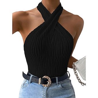 Women's Casual Halter Neck Wave Pattern Solid Color Cross Cutout Sleeveless Camisole Top