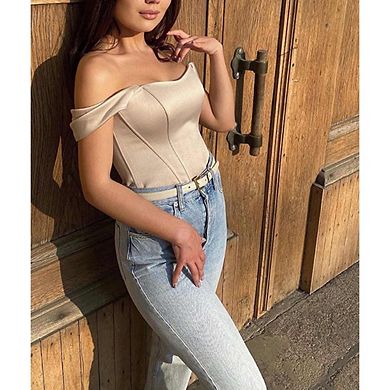 Women's Off-Shoulder Bodycon Corset Retro Mesh Short-Sleeved Slim Fit Crop Top