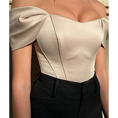 Women's Off-Shoulder Bodycon Corset Retro Mesh Short-Sleeved Slim Fit Crop Top