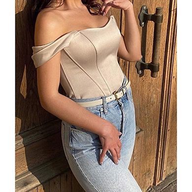 Women's Off-Shoulder Bodycon Corset Retro Mesh Short-Sleeved Slim Fit Crop Top