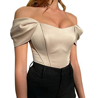 Women's Off-Shoulder Bodycon Corset Retro Mesh Short-Sleeved Slim Fit Crop Top