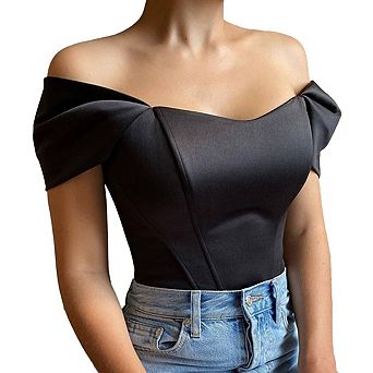 Women's Off-Shoulder Bodycon Corset Retro Mesh Short-Sleeved Slim Fit Crop Top