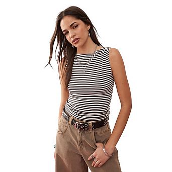 Women's Striped Tank Top Boat Neck Sleeveless T Shirt Slim Fit Basic Shirt