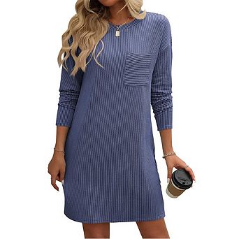 Women's Twist Stripe Long Sleeve Pocket Dress Casual Crew Neck Short Sleeve