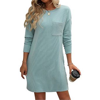 Women's Twist Stripe Long Sleeve Pocket Dress Casual Crew Neck Short Sleeve