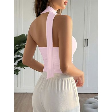Women's Scarf Neck Top Pleated Slim Fitting Backless Sleeveless Strapless Midriff Baring Top