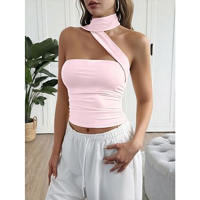 Women's Scarf Neck Top Pleated Slim Fitting Backless Sleeveless Strapless Midriff Baring Top