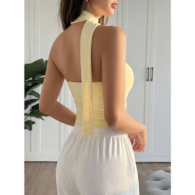 Women's Scarf Neck Top Pleated Slim Fitting Backless Sleeveless Strapless Midriff Baring Top