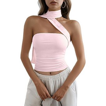 Women's Scarf Neck Top Pleated Slim Fitting Backless Sleeveless Strapless Midriff Baring Top