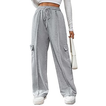 Women's Cargo Sweatpants Wide Leg Elastic Waist Workwear Casual Joggers Pants with 4 Cargo Pockets