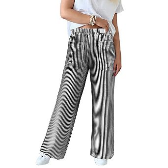 Womens Palazzo Pants Elastic Waist Stripe Straight Leg Casual Lounge Wide Leg Pants with Pockets