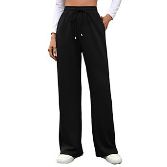Womens Long Baggy Pants Drawstring Wide Leg Lounge Casual Side Pockets Straight Sweat Pants