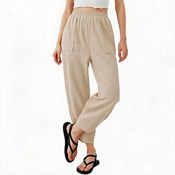 Womens Palazzo Harem Pant Wide Leg Split Hem Casual Baggy Elastic Waist Side Pockets Loose Fit Pants
