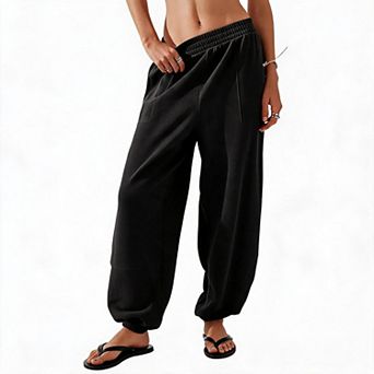 Womens Palazzo Harem Pant Wide Leg Split Hem Casual Baggy Elastic Waist Side Pockets Loose Fit Pants