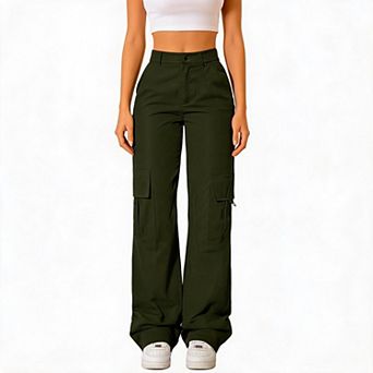 Womens Straight Cargo Pants High Waisted Baggy Wide Leg Stretchy Streetwear Pants with Cargo Pockets