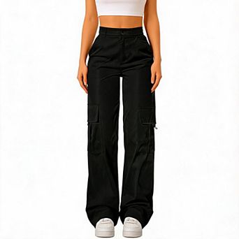 Womens Straight Cargo Pants High Waisted Baggy Wide Leg Stretchy Streetwear Pants with Cargo Pockets