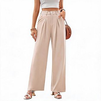 Womens Wide Leg Dress Pants High Waisted Business Slacks Button Zipper Office Work Palazzo Trousers