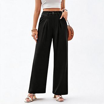 Womens Wide Leg Dress Pants High Waisted Business Slacks Button Zipper Office Work Palazzo Trousers