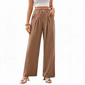 Womens Wide Leg Dress Pants High Waisted Business Slacks Button Zipper Office Work Palazzo Trousers