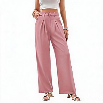 Womens Wide Leg Dress Pants High Waisted Business Slacks Button Zipper Office Work Palazzo Trousers
