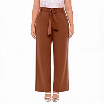 Women's Dressy Wide Leg Work Pants Casual Tie Belt High Waisted Loose Business Long Palazzo Trouser