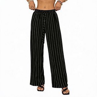 Womens Stripe Palazzo Pants Drawstring Waist Floral Lightweight Pants Casual Lounge Wide Leg Pants