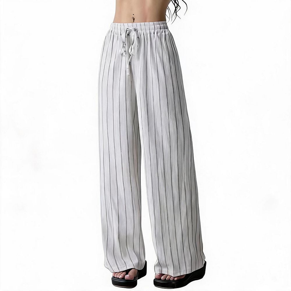 Womens Stripe Palazzo Pants Drawstring Waist Floral Lightweight