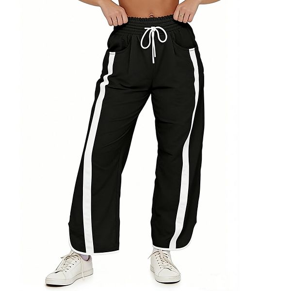 Womens Casual Track Pant Drawstring Waist contrast Baggy Barrel