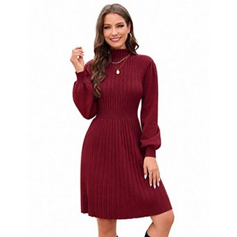 Women's Mock Neck Long Sleeve Knit Midi Dress Sweater Dress