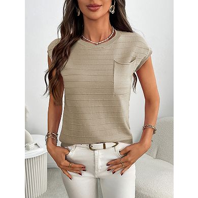 Women's Short Sleeve Crew Neck Knit Pullover Sweater with Pocket