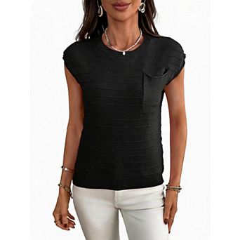 Women's Short Sleeve Crew Neck Knit Pullover Sweater with Pocket