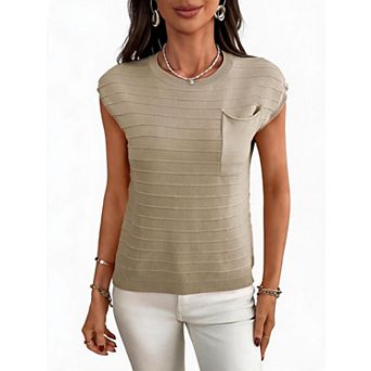Women's Short Sleeve Crew Neck Knit Pullover Sweater with Pocket