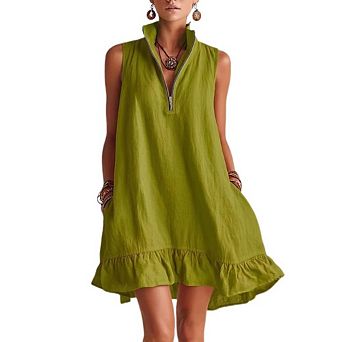 Women's Half Zip Stand Collar Sleeveless Dress Loose Ruffle Hem Casual Mini Sundress
