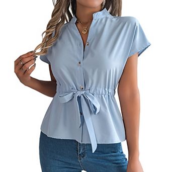 Women's V Neck Button Front Tie Waist Peplum Blouse Short Sleeve Casual Work Shirt
