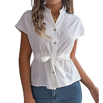 Women's V Neck Button Front Tie Waist Peplum Blouse Short Sleeve Casual Work Shirt