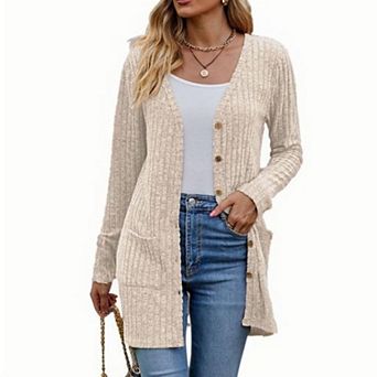 Women's Ribbed Knit V Neck Button Down Long Cardigan Pockets Long Sleeve Sweater Cardigan