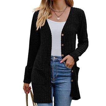Women's Ribbed Knit V Neck Button Down Long Cardigan Pockets Long Sleeve Sweater Cardigan