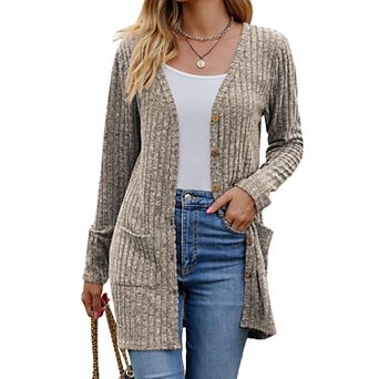 Women's Ribbed Knit V Neck Button Down Long Cardigan Pockets Long Sleeve Sweater Cardigan
