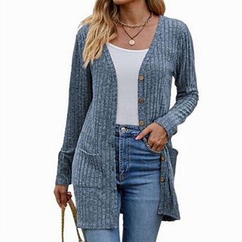 Women's Ribbed Knit V Neck Button Down Long Cardigan Pockets Long Sleeve Sweater Cardigan